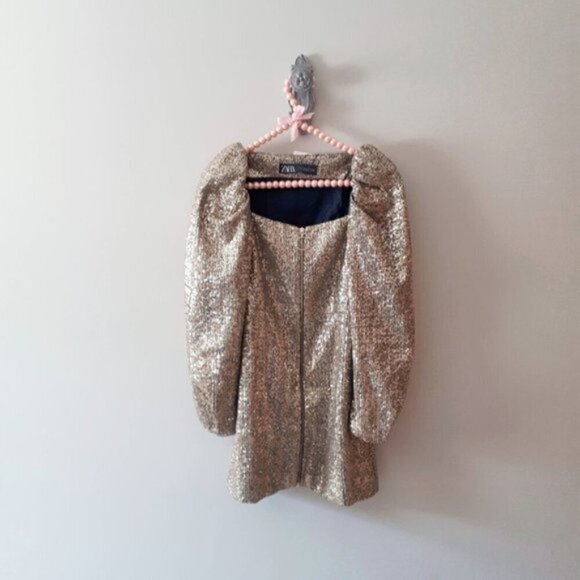 NWT Zara gold sequin zip up bubble sleeve mini holiday dress, XS - Picture 5 of 6